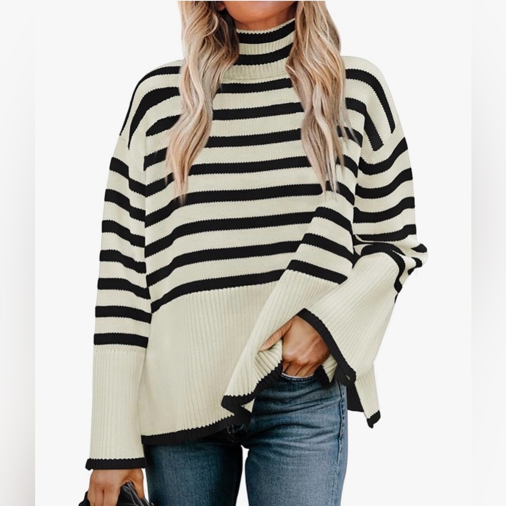 Chic Striped Black and Cream Turtleneck Sweater